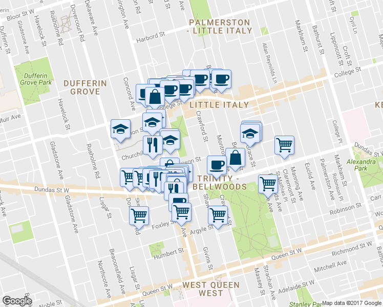 map of restaurants, bars, coffee shops, grocery stores, and more near 344 Shaw Street in Toronto