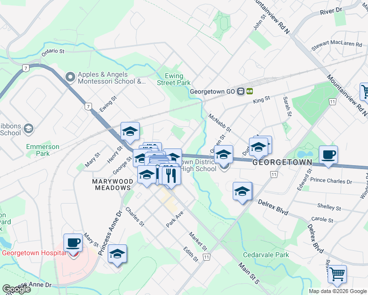 map of restaurants, bars, coffee shops, grocery stores, and more near 43 Guelph Street in Halton Hills