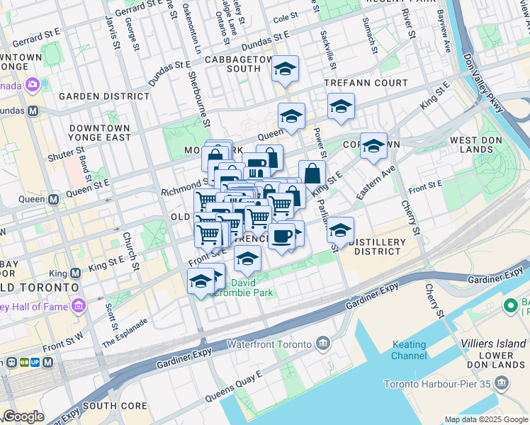map of restaurants, bars, coffee shops, grocery stores, and more near 266 King Street East in Toronto