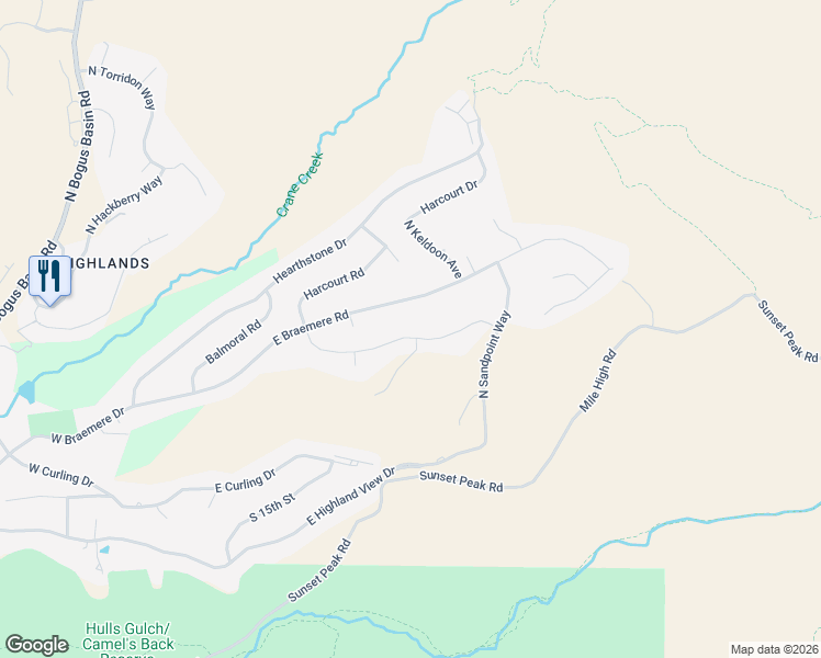 map of restaurants, bars, coffee shops, grocery stores, and more near 1127 East Braemere Road in Boise