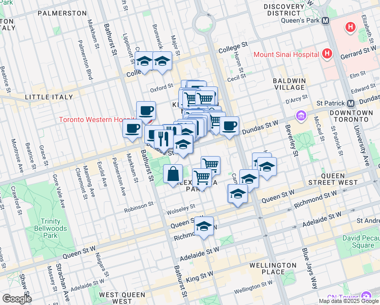 map of restaurants, bars, coffee shops, grocery stores, and more near 119 Denison Avenue in Toronto