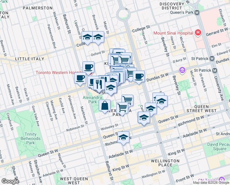 map of restaurants, bars, coffee shops, grocery stores, and more near 119 Denison Avenue in Toronto