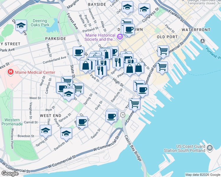 map of restaurants, bars, coffee shops, grocery stores, and more near 74 Redlon Park Road in Portland