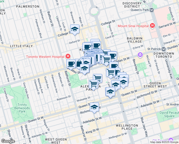 map of restaurants, bars, coffee shops, grocery stores, and more near 115 Denison Avenue in Toronto