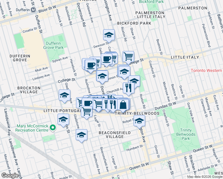map of restaurants, bars, coffee shops, grocery stores, and more near 52 Churchill Avenue in Toronto