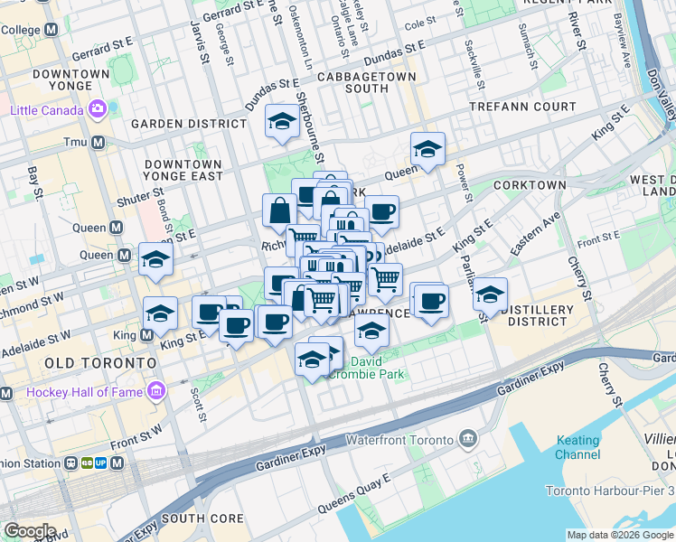 map of restaurants, bars, coffee shops, grocery stores, and more near 197 King Street East in Toronto