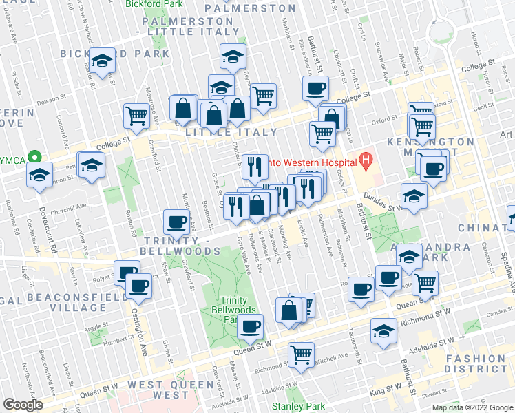 map of restaurants, bars, coffee shops, grocery stores, and more near 2 Plymouth Avenue in Toronto