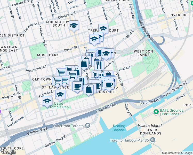 map of restaurants, bars, coffee shops, grocery stores, and more near 315 Front Street East in Toronto