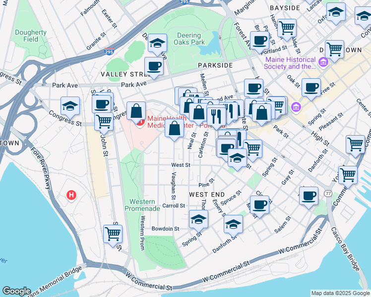 map of restaurants, bars, coffee shops, grocery stores, and more near 130 Neal Street in Portland