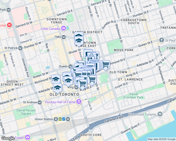 map of restaurants, bars, coffee shops, grocery stores, and more near 50 Lombard Street in Toronto