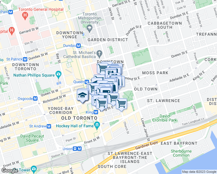 map of restaurants, bars, coffee shops, grocery stores, and more near 82 Adelaide Street East in Toronto