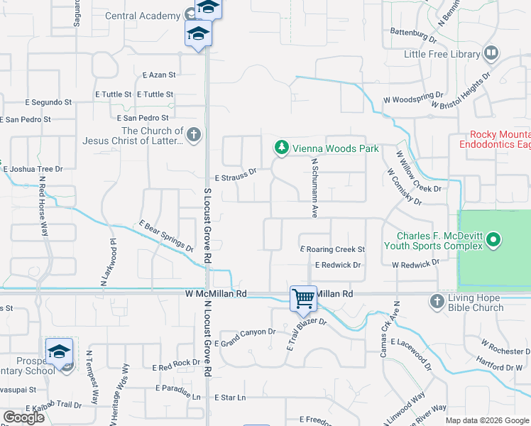 map of restaurants, bars, coffee shops, grocery stores, and more near 5151 North Schubert Avenue in Meridian