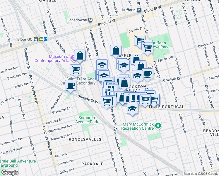 map of restaurants, bars, coffee shops, grocery stores, and more near 353 Lansdowne Avenue in Toronto