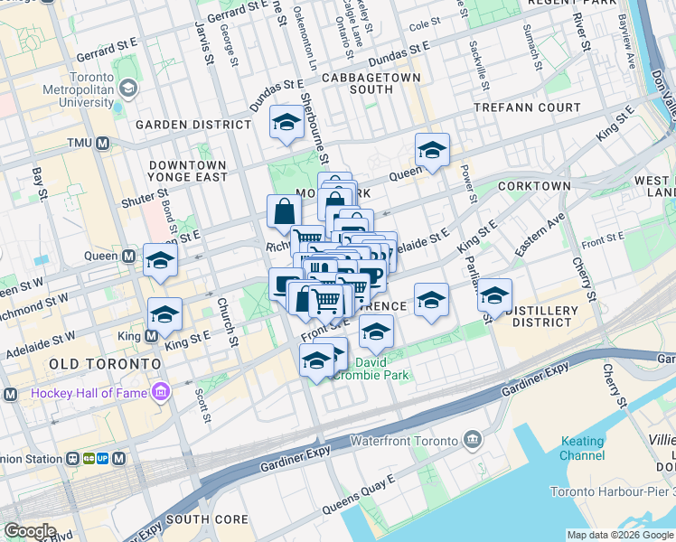 map of restaurants, bars, coffee shops, grocery stores, and more near 333A Adelaide Street East in Toronto