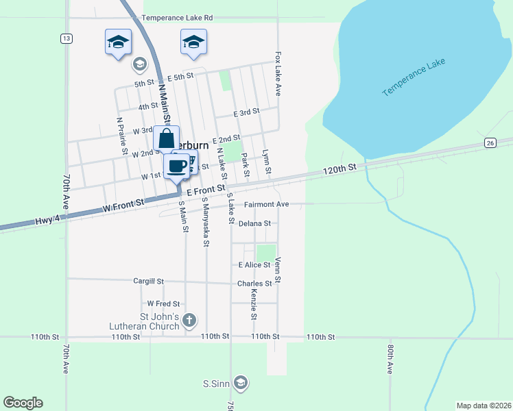 map of restaurants, bars, coffee shops, grocery stores, and more near 304 Fairmont Avenue in Sherburn