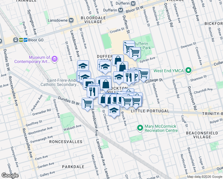 map of restaurants, bars, coffee shops, grocery stores, and more near 1214 College Street in Toronto