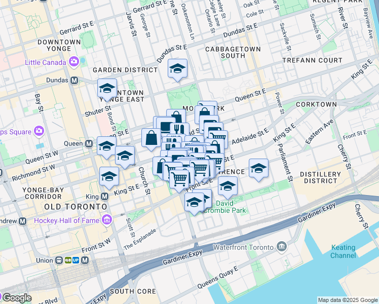 map of restaurants, bars, coffee shops, grocery stores, and more near 256 Adelaide Street East in Toronto