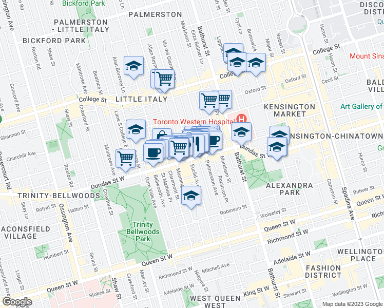 map of restaurants, bars, coffee shops, grocery stores, and more near 828 Dundas Street West in Toronto