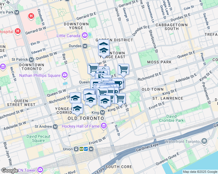 map of restaurants, bars, coffee shops, grocery stores, and more near 20 Lombard Street in Toronto