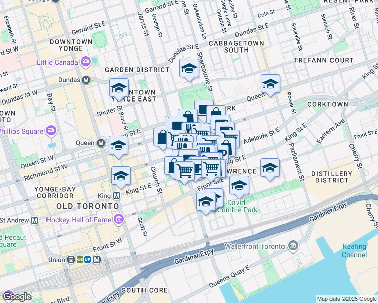 map of restaurants, bars, coffee shops, grocery stores, and more near 116 George Street in Toronto