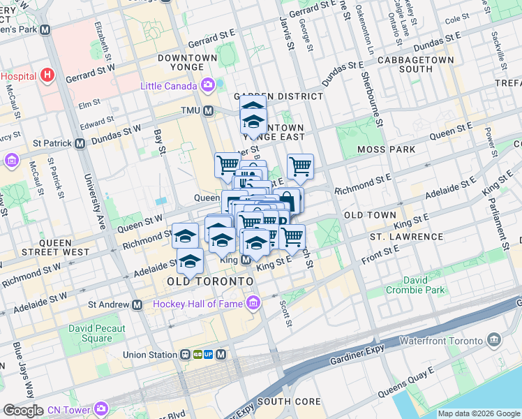 map of restaurants, bars, coffee shops, grocery stores, and more near 25 Richmond Street East in Toronto