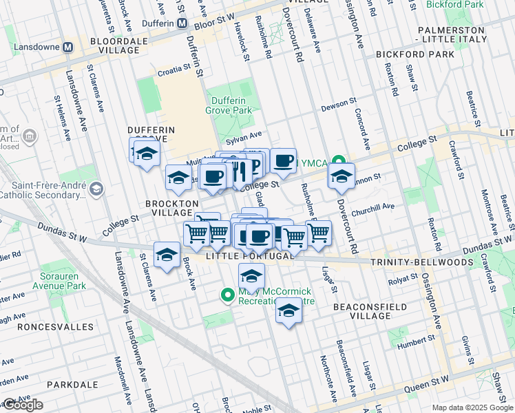 map of restaurants, bars, coffee shops, grocery stores, and more near 310 Gladstone Avenue in Toronto
