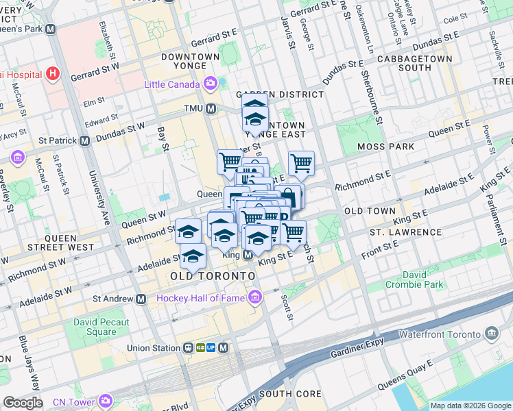 map of restaurants, bars, coffee shops, grocery stores, and more near 25 Richmond Street East in Toronto