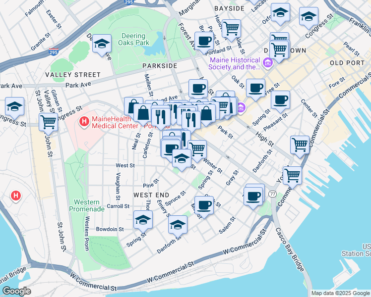 map of restaurants, bars, coffee shops, grocery stores, and more near 126 Winter Street in Portland