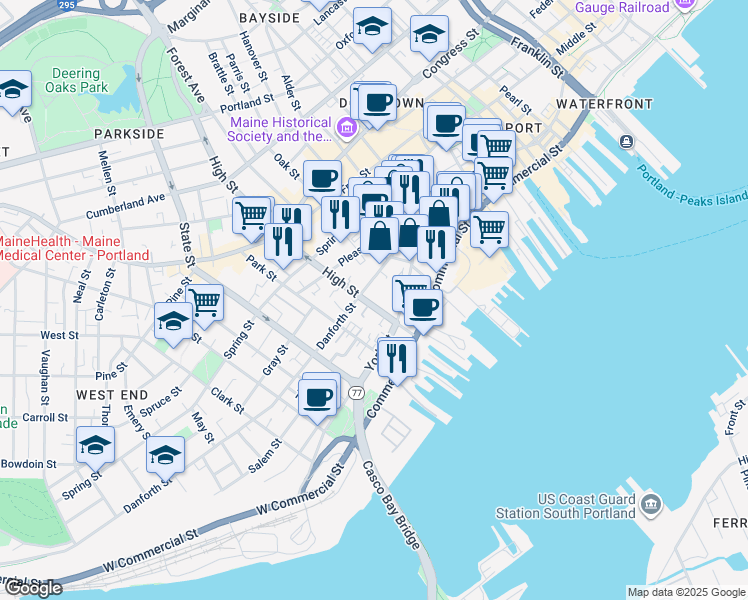 map of restaurants, bars, coffee shops, grocery stores, and more near 27 High Street in Portland