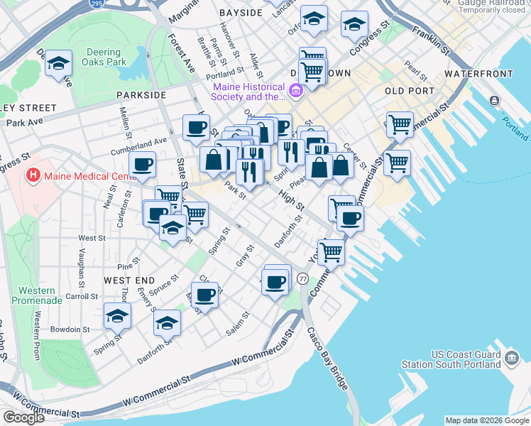 map of restaurants, bars, coffee shops, grocery stores, and more near 74 Redlon Park Road in Portland