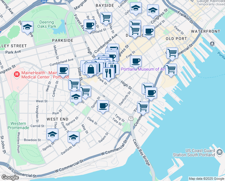 map of restaurants, bars, coffee shops, grocery stores, and more near 99 State Street in Portland