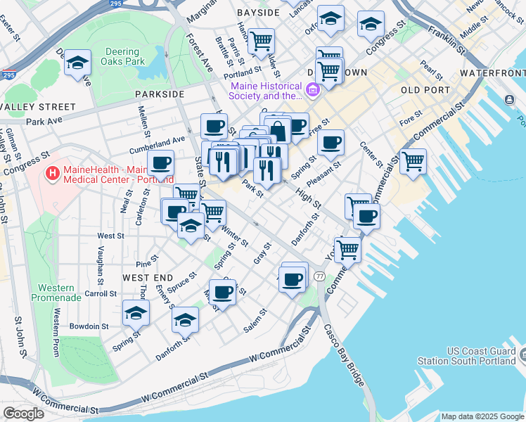 map of restaurants, bars, coffee shops, grocery stores, and more near 99 State Street in Portland
