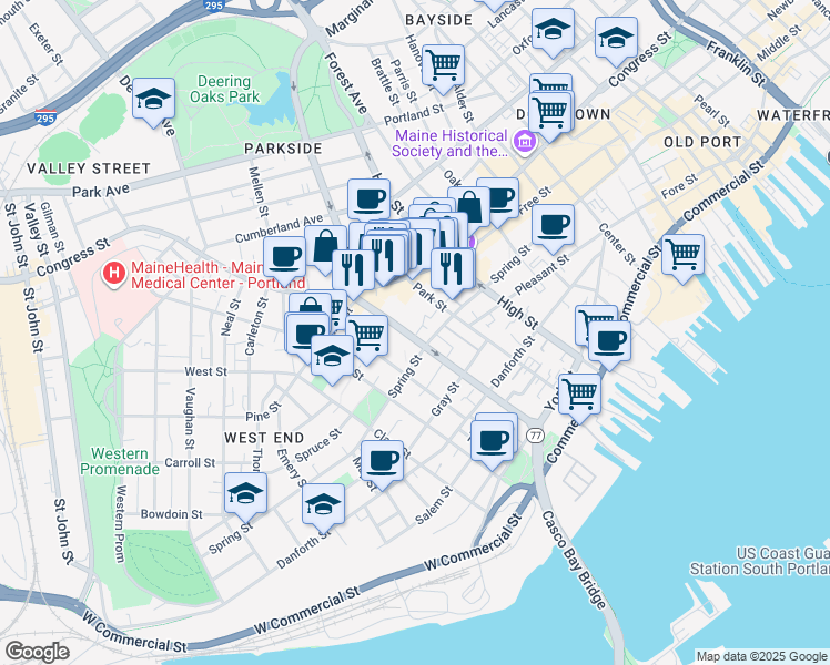 map of restaurants, bars, coffee shops, grocery stores, and more near 144 State Street in Portland