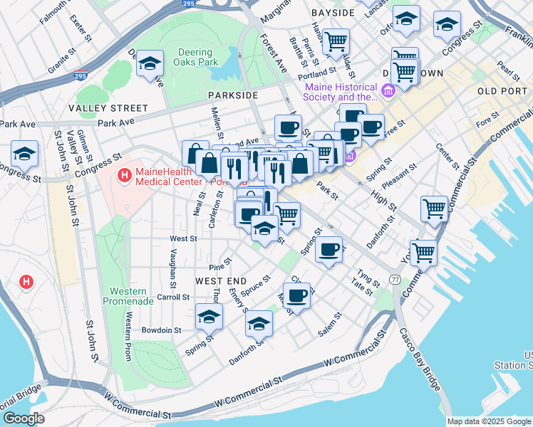 map of restaurants, bars, coffee shops, grocery stores, and more near 183 Brackett Street in Portland