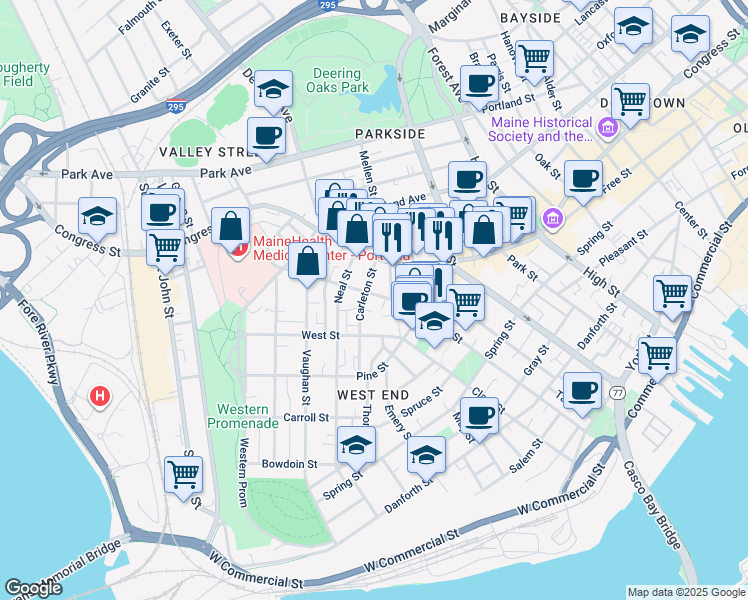 map of restaurants, bars, coffee shops, grocery stores, and more near 43 Carleton Street in Portland