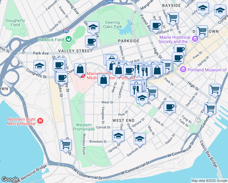 map of restaurants, bars, coffee shops, grocery stores, and more near 130 Neal Street in Portland