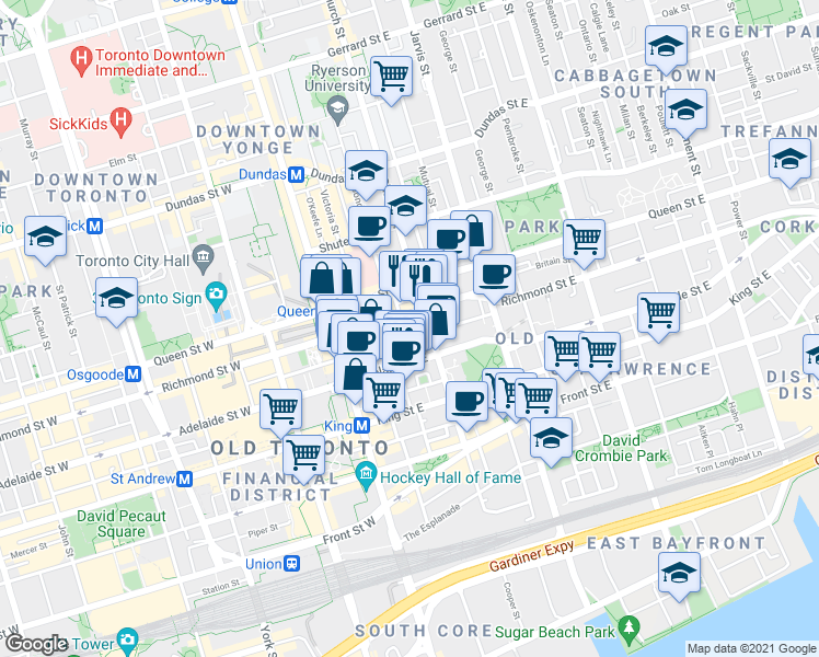 map of restaurants, bars, coffee shops, grocery stores, and more near in Toronto