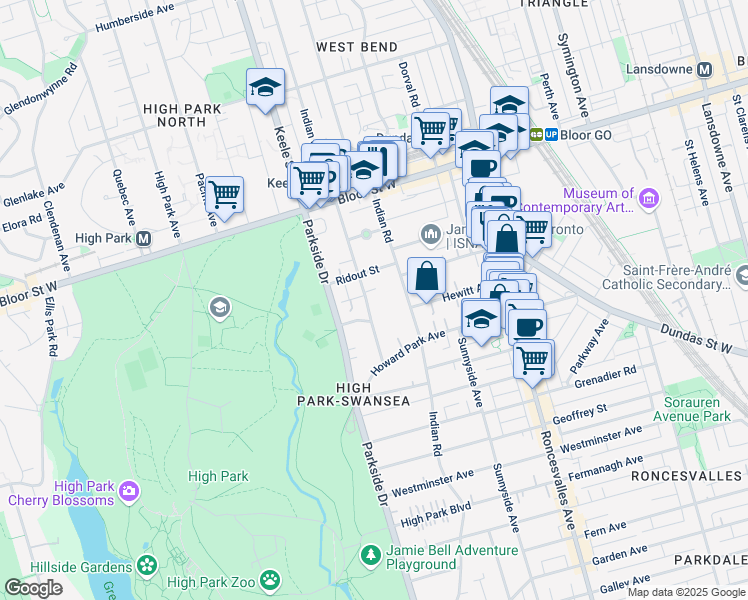 map of restaurants, bars, coffee shops, grocery stores, and more near in Toronto