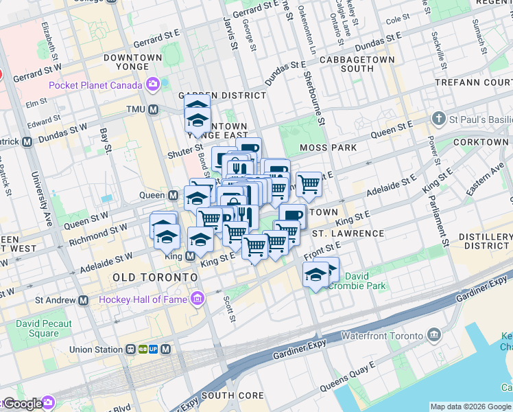 map of restaurants, bars, coffee shops, grocery stores, and more near 77 Lombard Street in Toronto