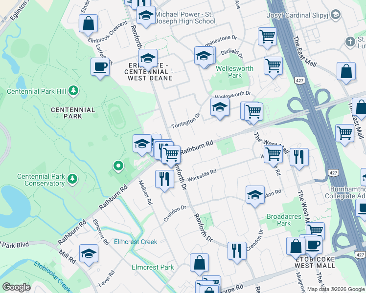 map of restaurants, bars, coffee shops, grocery stores, and more near in Toronto