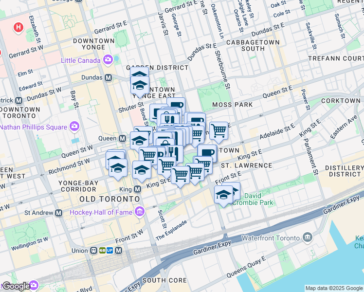 map of restaurants, bars, coffee shops, grocery stores, and more near 77 Lombard Street in Toronto