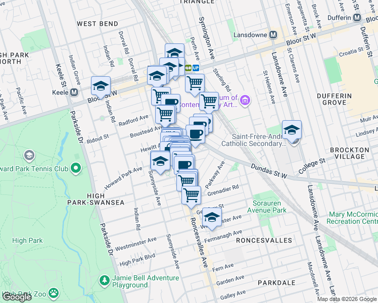 map of restaurants, bars, coffee shops, grocery stores, and more near 38 Howard Park Avenue in Toronto