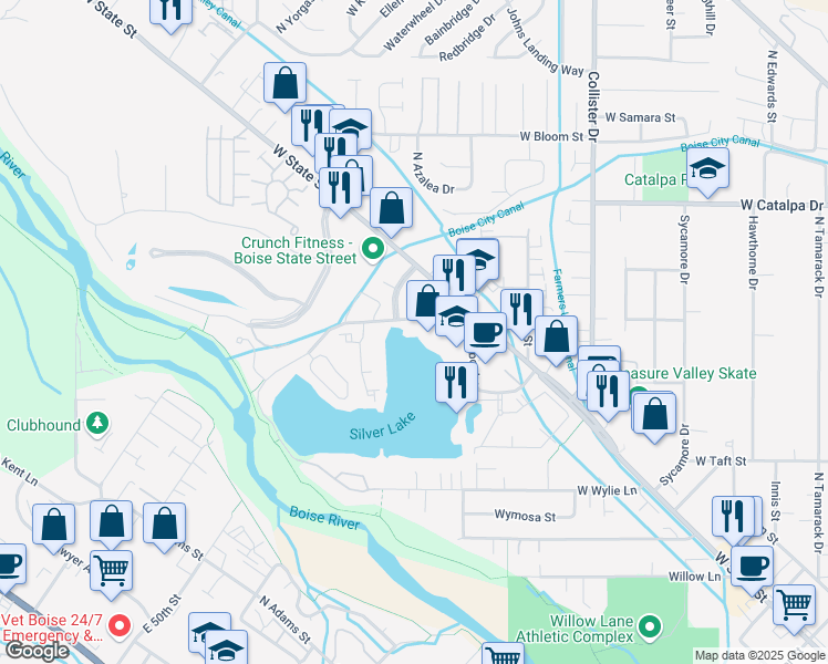 map of restaurants, bars, coffee shops, grocery stores, and more near 3000 North Lakeharbor Lane in Boise