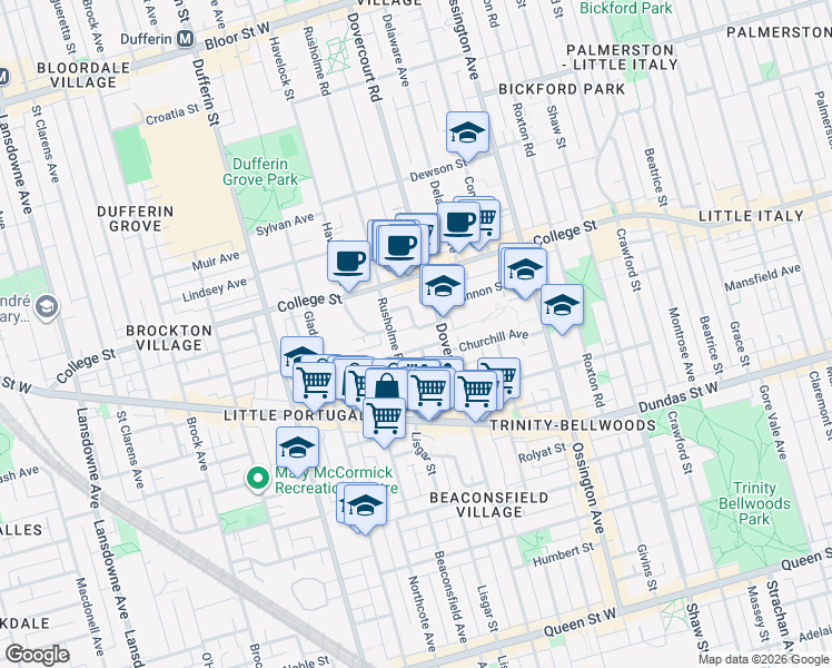 map of restaurants, bars, coffee shops, grocery stores, and more near 11 Heydon Park Road in Toronto