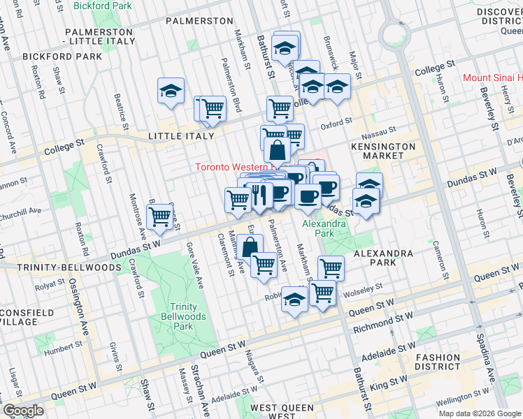 map of restaurants, bars, coffee shops, grocery stores, and more near 812 Dundas Street West in Toronto