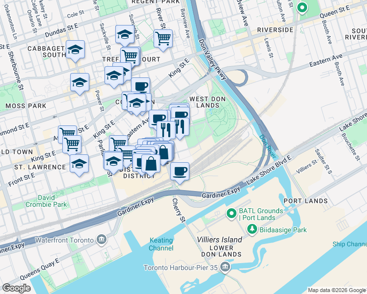 map of restaurants, bars, coffee shops, grocery stores, and more near 170 Mill Street in Toronto