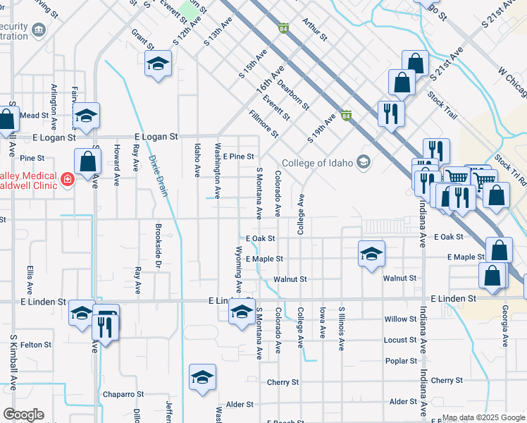 map of restaurants, bars, coffee shops, grocery stores, and more near 2019 South Montana Avenue in Caldwell