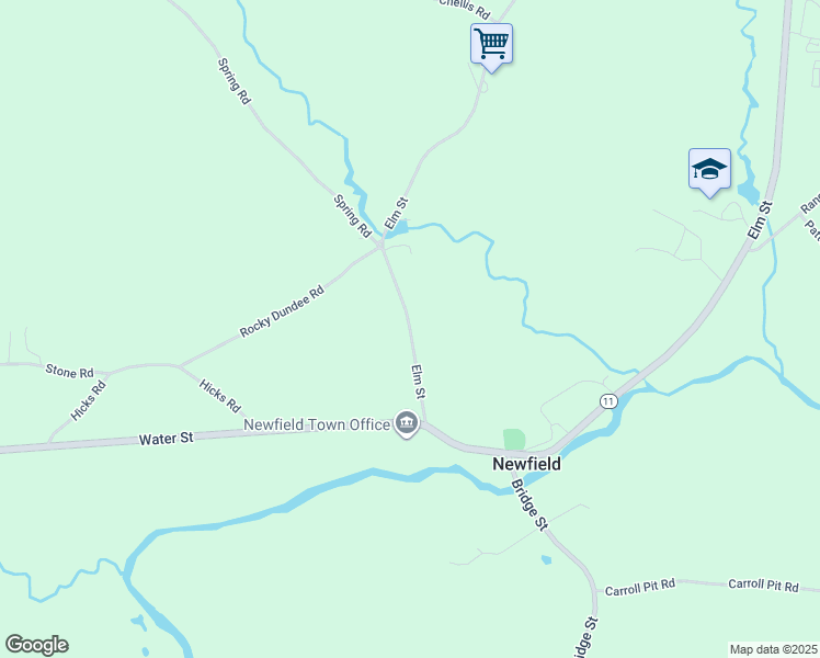 map of restaurants, bars, coffee shops, grocery stores, and more near Elm Street in Newfield