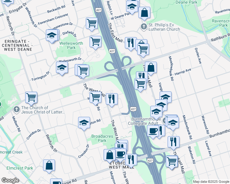 map of restaurants, bars, coffee shops, grocery stores, and more near 545 The West Mall in Toronto