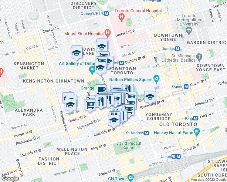 map of restaurants, bars, coffee shops, grocery stores, and more near 38 Saint Patrick Street in Toronto